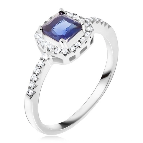 Prsten ze stříbra 925, modrý čtvercový kamínek, zirkonový lem - Velikost: 59