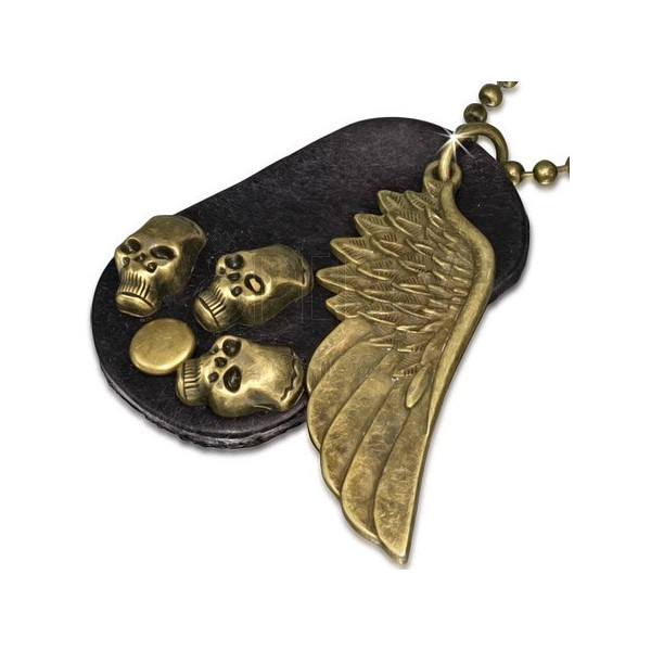 Náhrdelník - hnědá kožená oválná známka, křídlo, lebky, řetízek