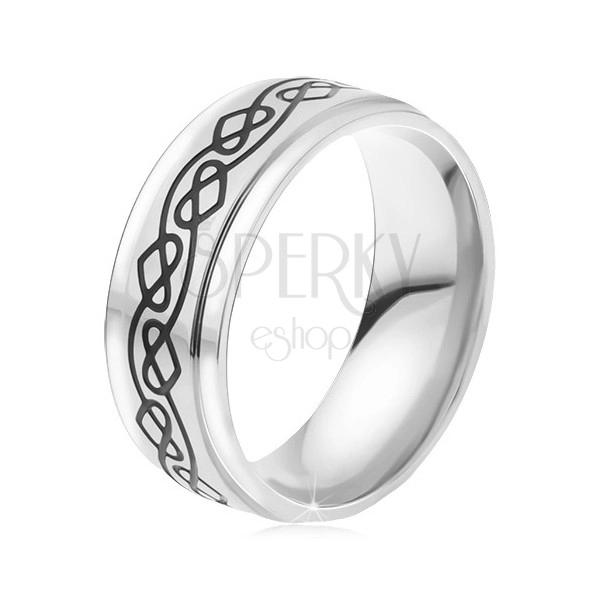 Ocelový prsten - stříbrná obroučka, tenká gravírovaná zvlněná linie, srdce