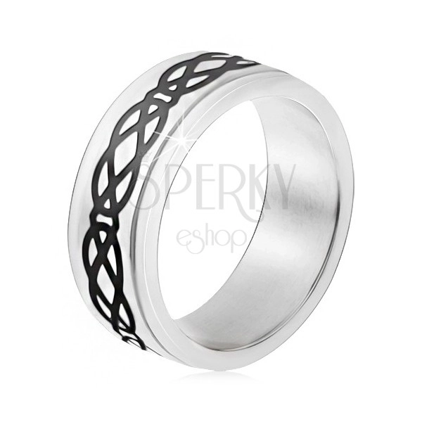 Ocelový prsten, vyvýšený pás, motiv slz a kosočtverců, tlusté linie