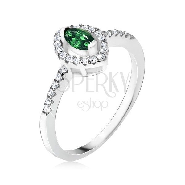 Stříbrný prsten 925 - elipsovitý zelený kamínek, zirkonová kontura