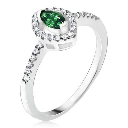 Stříbrný prsten 925 - elipsovitý zelený kamínek, zirkonová kontura - Velikost: 48
