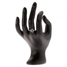 Stříbrný prsten 925 - elipsovitý zelený kamínek, zirkonová kontura