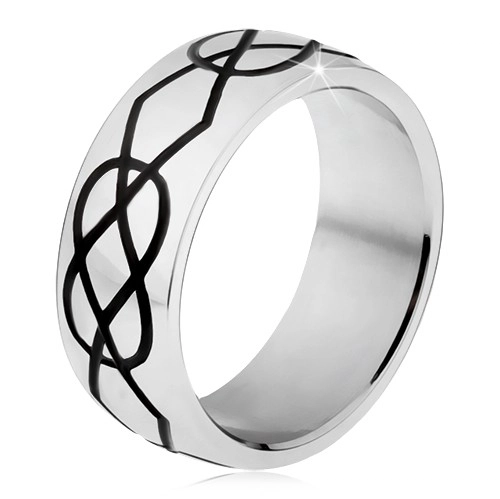 Lesklý ocelový prsten, tlustší černé zářezy kosočtverců a slz - Velikost: 61