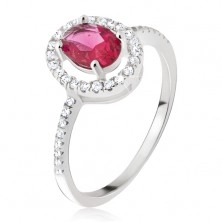 Stříbrný prsten 925 - oválný růžovočervený kamínek, zirkonová obruba