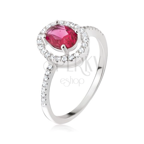 Stříbrný prsten 925 - oválný růžovočervený kamínek, zirkonová obruba
