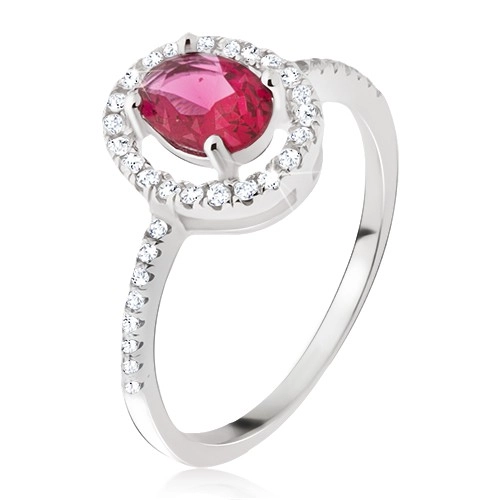 Stříbrný prsten 925 - oválný růžovočervený kamínek, zirkonová obruba - Velikost: 63