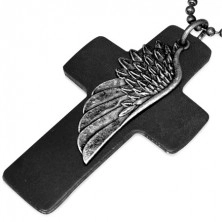 Náhrdelník - černý kožený kříž, křídlo, matný stříbrný armádní řetízek