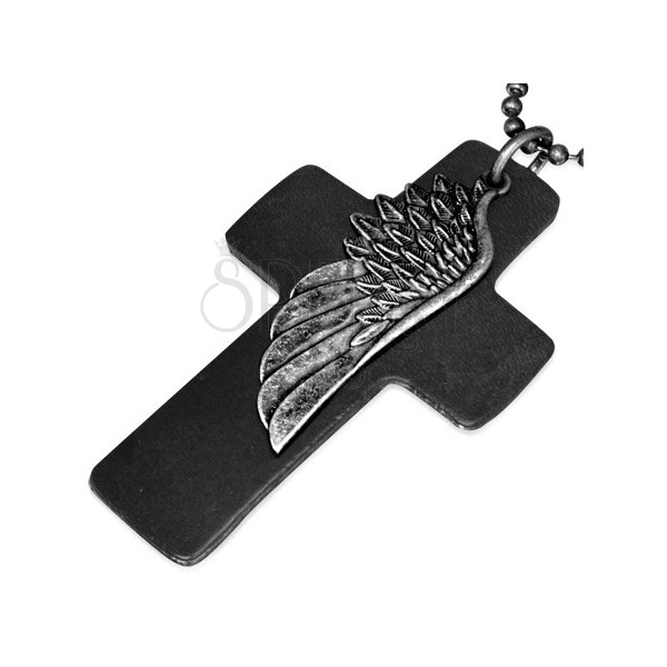 Náhrdelník - černý kožený kříž, křídlo, matný stříbrný armádní řetízek