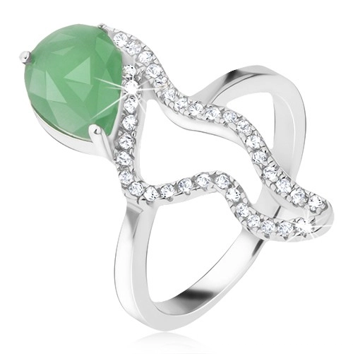 Prsten ze stříbra 925 - zelený slzičkový kámen, zirkonová zvlněná linie - Velikost: 57
