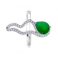 Prsten ze stříbra 925 - zelený slzičkový kámen, zirkonová zvlněná linie