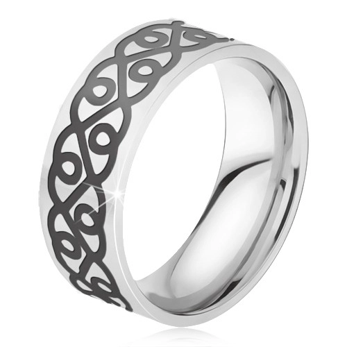 Ocelový prsten - stříbrná obroučka, tlustý černý ornament, srdce - Velikost: 57