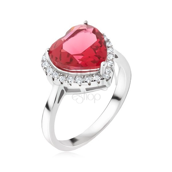 Stříbrný prsten 925 - velký červený srdcovitý kámen, zirkonový lem