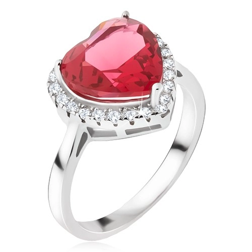 Stříbrný prsten 925 - velký červený srdcovitý kámen, zirkonový lem - Velikost: 60