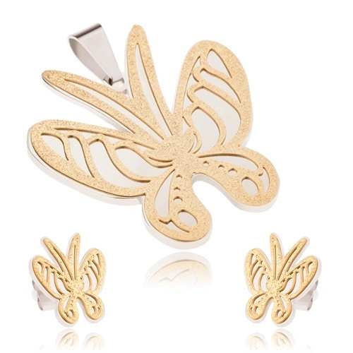 Levně Zlato-stříbrný set z oceli, přívěsek a náušnice, pískovaný motýl