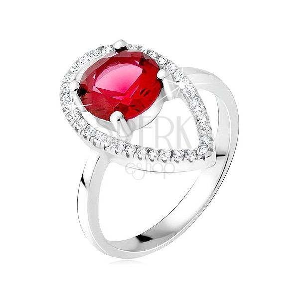 Stříbrný prsten 925 - okrouhlý červený kámen, slzičková kontura ze zirkonů