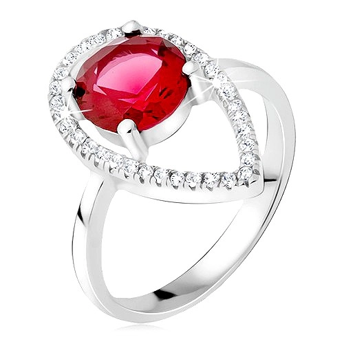 Stříbrný prsten 925 - okrouhlý červený kámen, slzičková kontura ze zirkonů - Velikost: 56