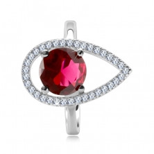 Stříbrný prsten 925 - okrouhlý červený kámen, slzičková kontura ze zirkonů