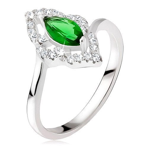 Stříbrný prsten 925 - elipsovitý kamínek zelené barvy, zirkonová kontura - Velikost: 49
