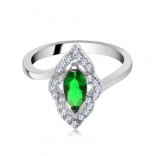 Stříbrný prsten 925 - elipsovitý kamínek zelené barvy, zirkonová kontura