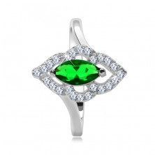 Stříbrný prsten 925 - elipsovitý kamínek zelené barvy, zirkonová kontura