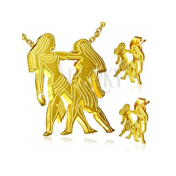 Ocelový set zlaté barvy, náušnice a přívěsek, znamení Blíženci