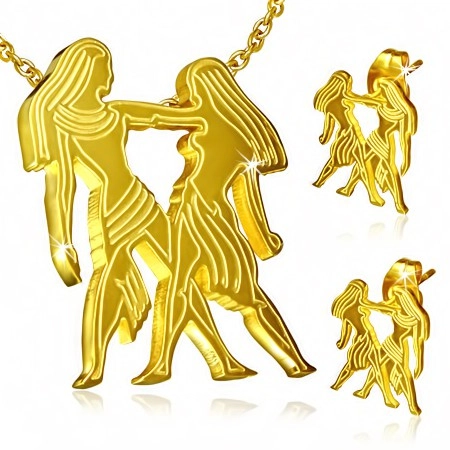 Levně Ocelový set zlaté barvy, náušnice a přívěsek, znamení Blíženci