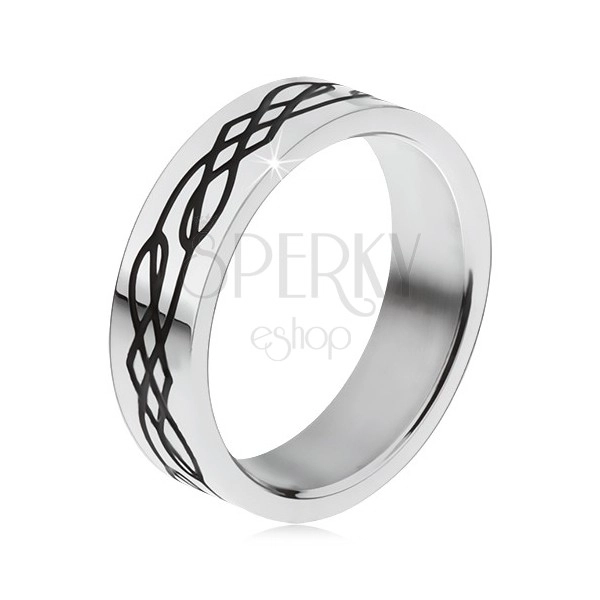 Ocelový prsten, rovný povrch, černá zvlněná linie a kosočtverce