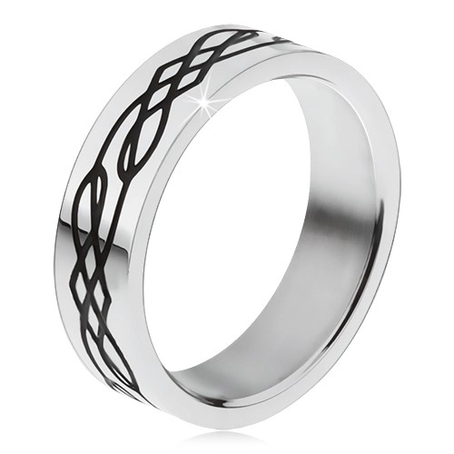 Ocelový prsten, rovný povrch, černá zvlněná linie a kosočtverce - Velikost: 67