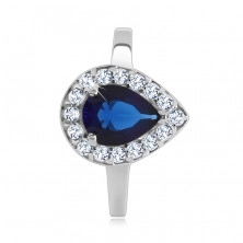 Stříbrný prsten 925, modrý slzičkovitý kámen se zirkonovým lemem