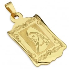 Zlatý medailon z oceli, ozdobně gravírovaný, s portrétem madony