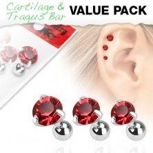 Set z chirurgické oceli - tři piercingy do ucha, červený zirkon