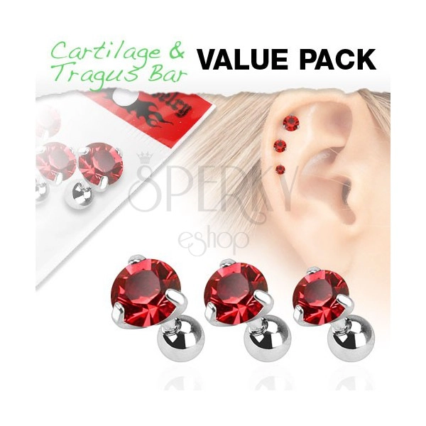 Set z chirurgické oceli - tři piercingy do ucha, červený zirkon