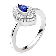 Stříbrný prsten 925, modrý zrnkový kamínek, zirkonová elipsa