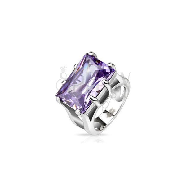 Ocelový prsten s masivním obdélníkovým fialovým kamínkem