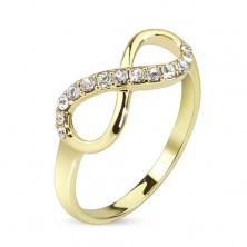 Prsten zlaté barvy, symbol nekonečna zdobený čirými zirkony