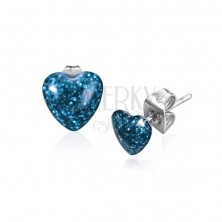 Náušnice z oceli, symetrické třpytivé srdce modré barvy