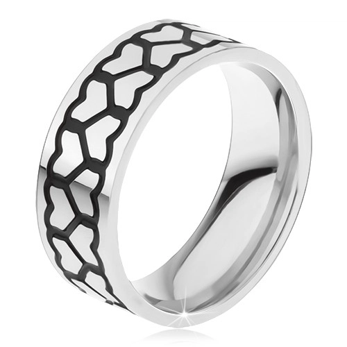 Ocelový prsten, dvě tlustší linie kontur souměrných srdcí - Velikost: 67