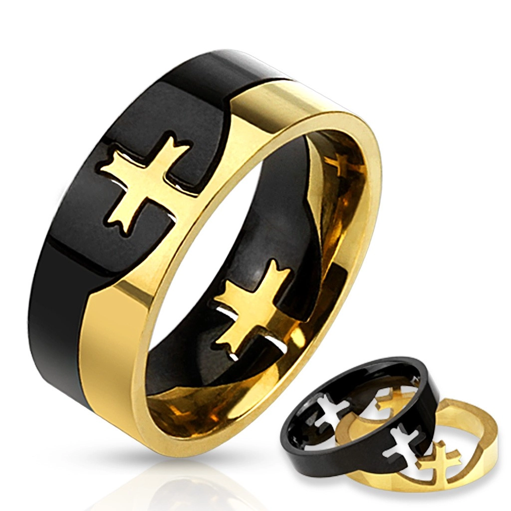 Černozlatý dvoudílný prsten z chirurgické oceli, kříž - Velikost: 67