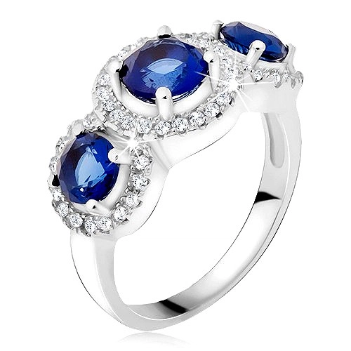 Prsten ze stříbra 925, zirkonové kruhy, tři modré kamínky - Velikost: 50