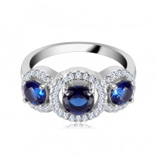 Prsten ze stříbra 925, zirkonové kruhy, tři modré kamínky