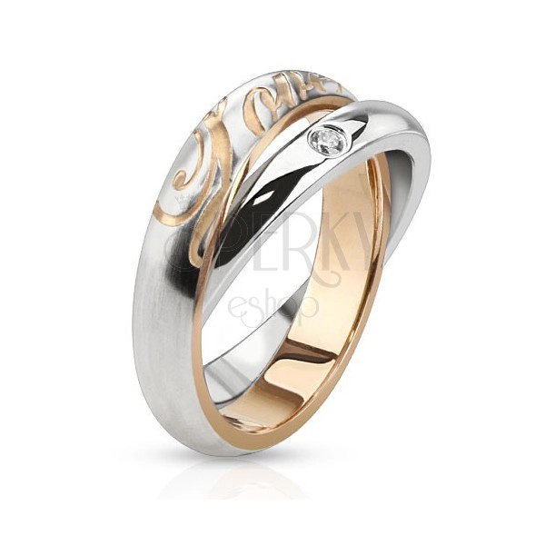 Dvojitý ocelový prsten - stříbrné obroučky, zirkon, nápis Love