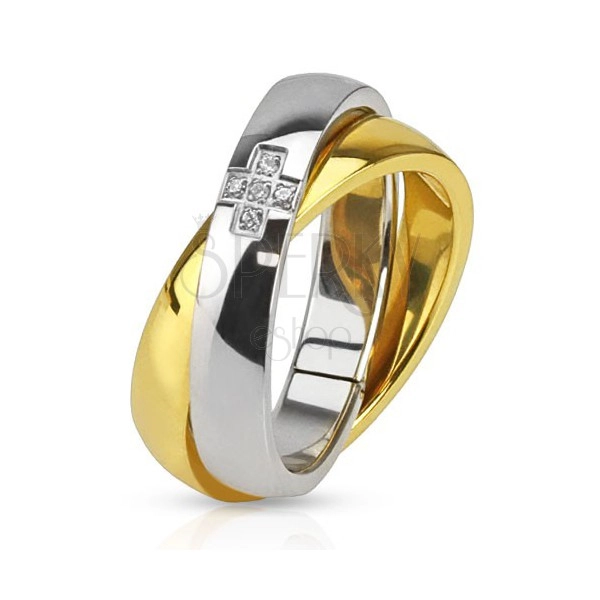 Dvojitý ocelový prsten, zlatá a stříbrná obroučka, zirkonový kříž