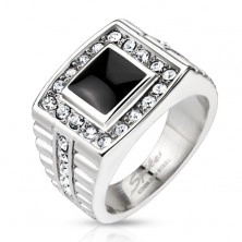 Mohutný prsten z oceli, onyxový čtverec se zirkonovým lemem