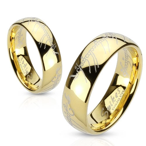 Ocelový prsten zlaté barvy, písmo z Lord of the Rings - Velikost: 60