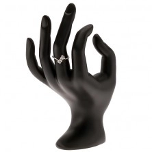 Stříbrný prsten - tři čiré zirkony na šikmém pásu, lesklá tenká ramena