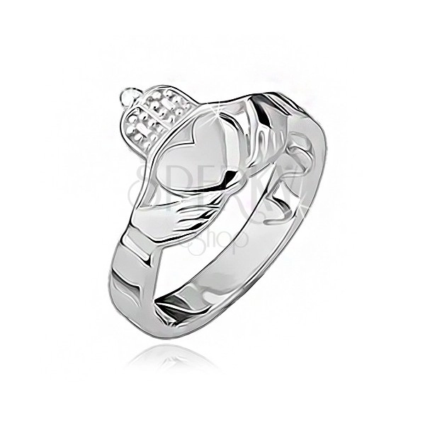 Stříbrný prsten 925 - srdce, ruce, korunka, výřezy po obvodu