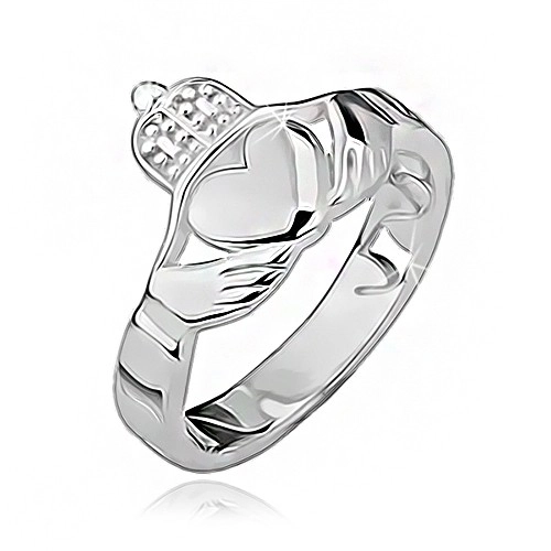 Stříbrný prsten 925 - srdce, ruce, korunka, výřezy po obvodu - Velikost: 55