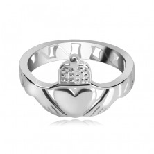 Stříbrný prsten 925 - srdce, ruce, korunka, výřezy po obvodu