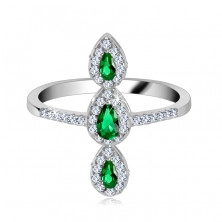 Prsten ze stříbra 925, tři zelené slzičkovité kamínky, zirkonový lem